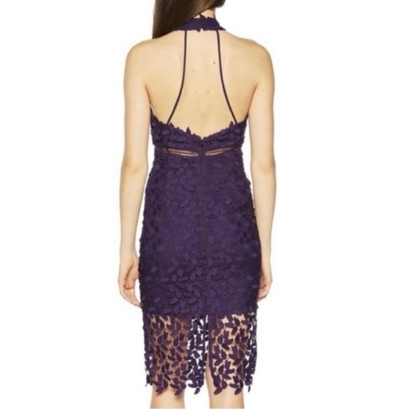Revolve Bardot XS Gemma Purple Halter Neck Lace Cocktail Event Midi Sheath Dress - Picture 2 of 10